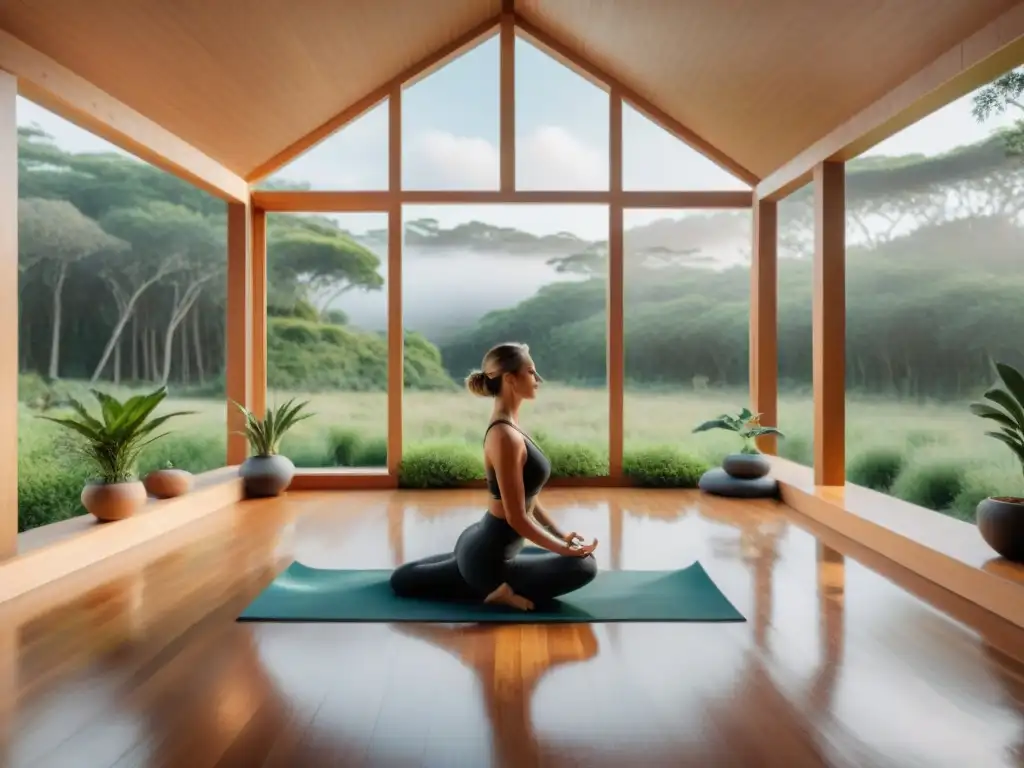 Retiro de bienestar personalizado en Uruguay: Estudio de yoga minimalista con vistas a la naturaleza exuberante