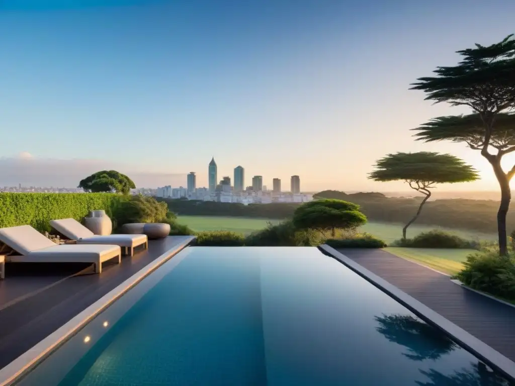 Retiro de bienestar en Montevideo: piscina de lujo rodeada de naturaleza, con vista a la ciudad al atardecer