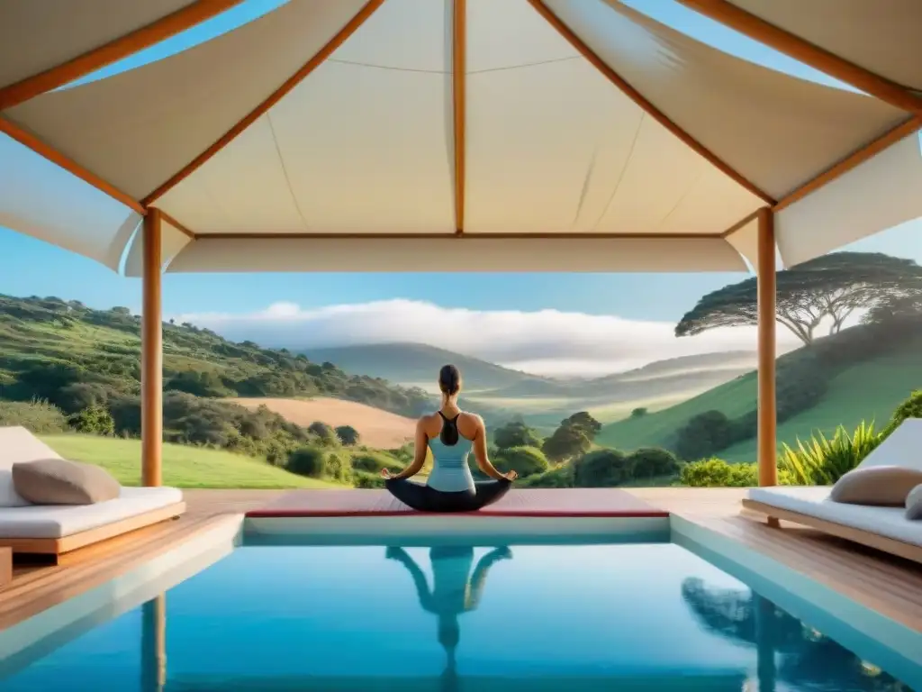 Retiro de bienestar en Uruguay con piscina y yoga bajo un dosel verde, enmarcado por colinas y cielo azul