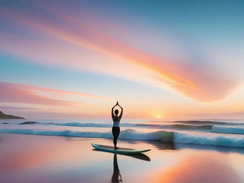 Retiro de bienestar en Uruguay: amanecer sereno en playa, surf y yoga en equilibrio