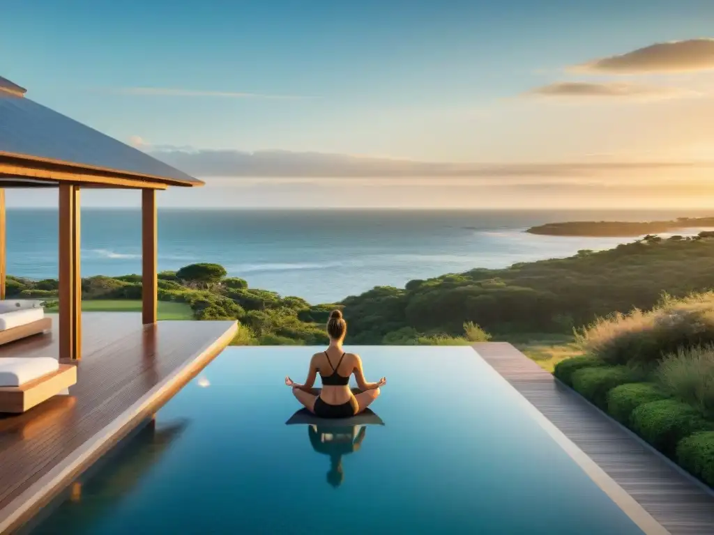 Retiro de bienestar en Uruguay: moderno spa rodeado de naturaleza, piscina infinita con vista al mar al atardecer, yoga y meditación