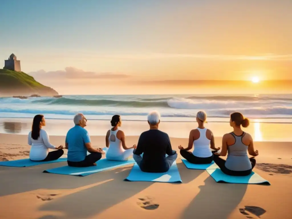 Retiro de bienestar para la tercera edad en Uruguay: ancianos practicando yoga al atardecer en la playa