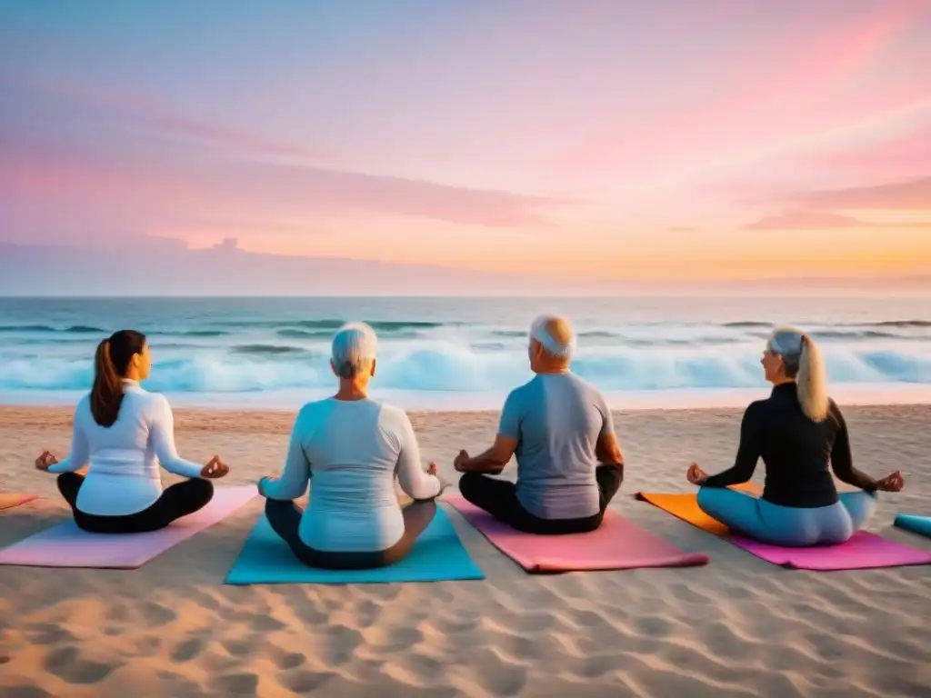 Retiro de bienestar para la tercera edad en Uruguay: grupo de adultos mayores practicando yoga en la playa al amanecer