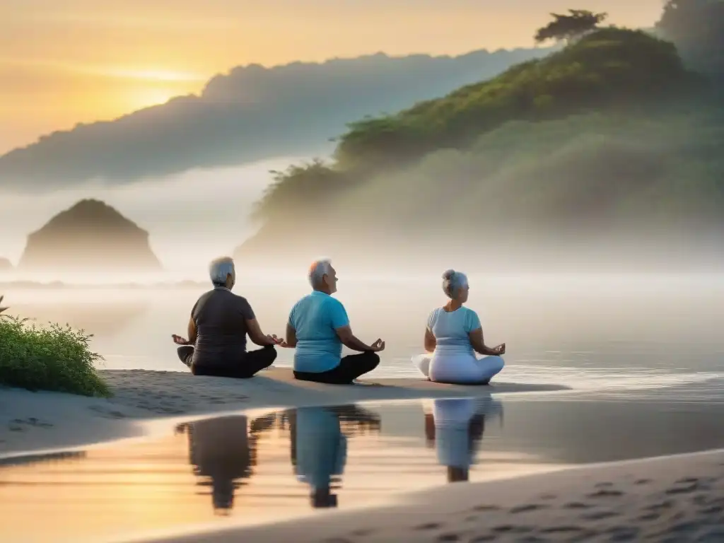 Retiro de bienestar para la tercera edad en Uruguay: ancianos practicando yoga al amanecer en la playa