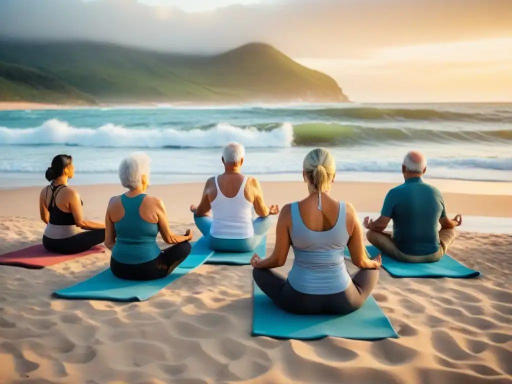 Retiro de bienestar para la tercera edad en Uruguay: grupo de adultos mayores practicando yoga en la playa al atardecer