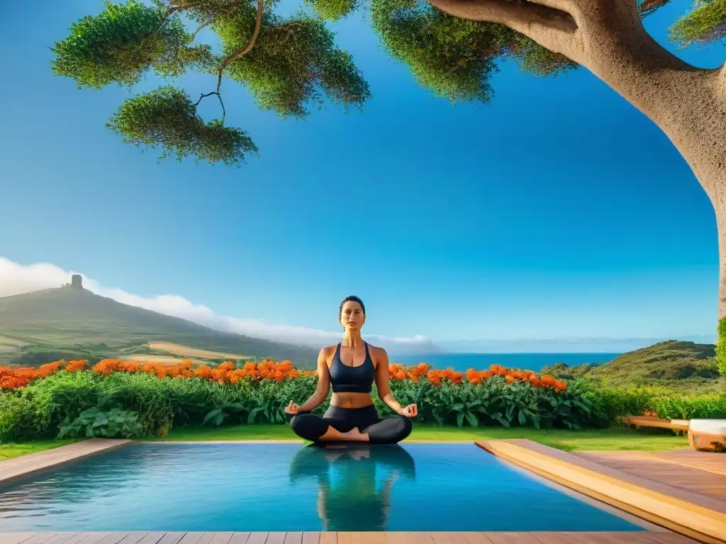 Un retiro de bienestar en Uruguay transformando vidas con jardines exuberantes, piscina serena y prácticas de yoga bajo un árbol