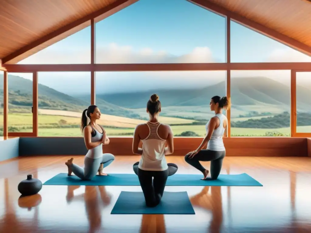 Retiro de yoga en Uruguay: grupo diverso practicando yoga con serenidad en un entorno natural impresionante