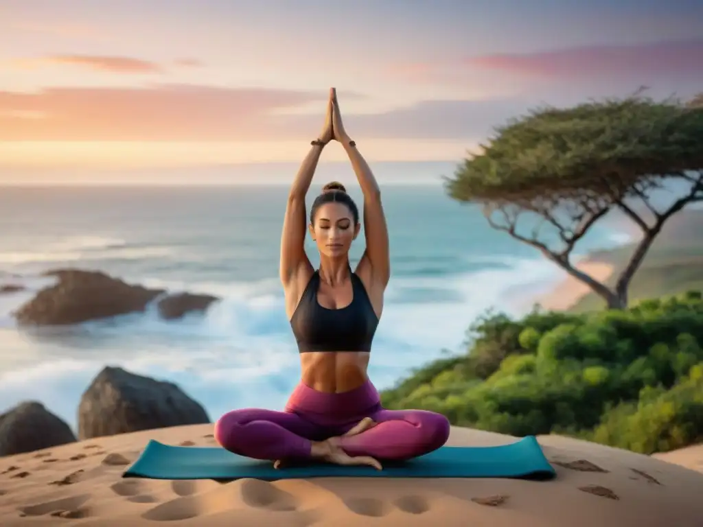 Retiro de yoga en Uruguay: Practicante de yoga en equilibrio en la costa uruguaya al atardecer