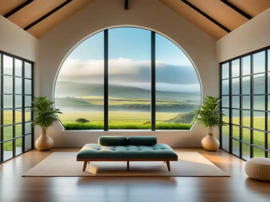 Retiro espiritual en Uruguay: sala de meditación moderna con vista a la naturaleza exuberante, decoración minimalista y ambiente sereno