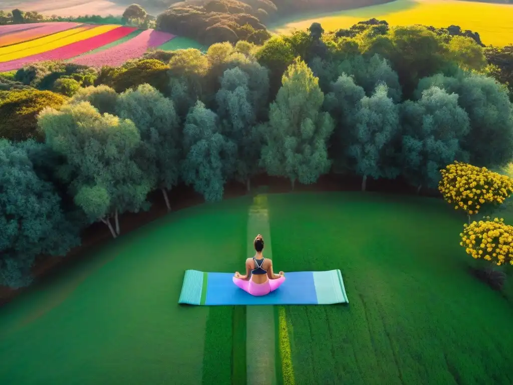 Retiro de yoga en Uruguay con esterillas coloridas en un campo verde rodeado de flores y árboles altos al atardecer