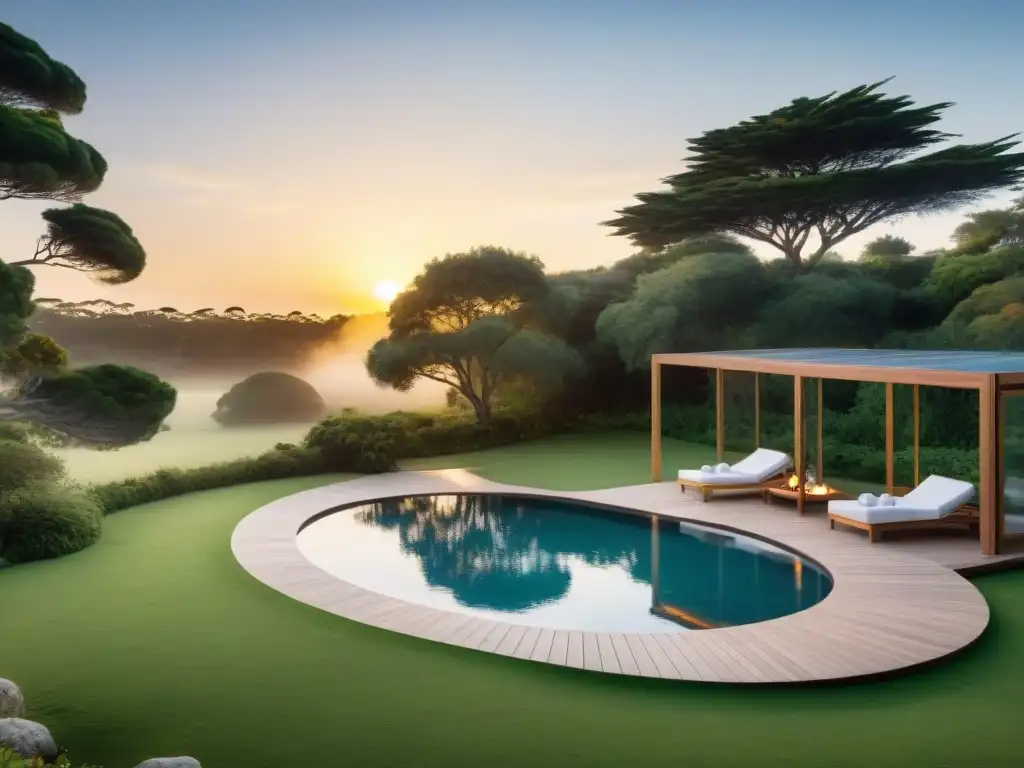 Retiro familiar bienestar en Uruguay: spa moderno, área de juegos colorida, piscina relajante y entorno natural sereno al atardecer