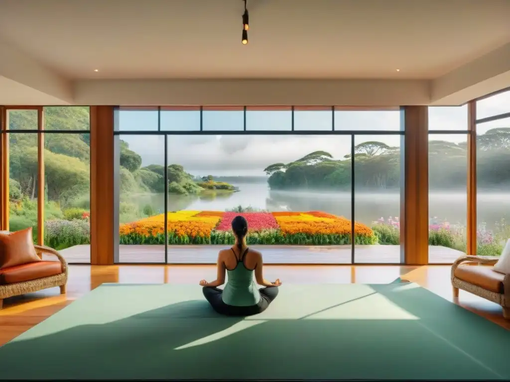 Un retiro de meditación en Uruguay: salón moderno con vista al lago, rodeado de naturaleza exuberante y flores coloridas