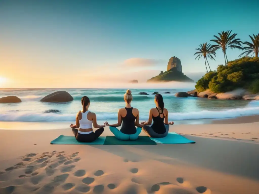 Retiro de yoga en Uruguay: Practicantes de yoga en una playa serena al atardecer, con aguas turquesas y palmeras verdes