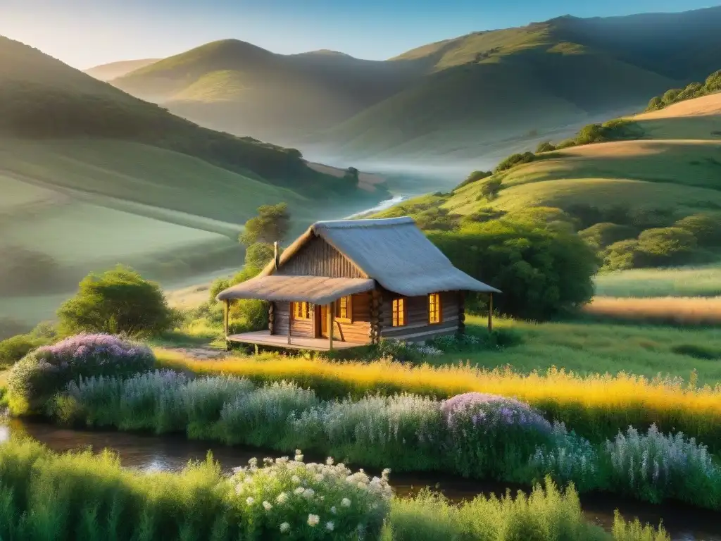 Retiro rural para el bienestar: cabaña de madera en un valle verde de Uruguay al atardecer