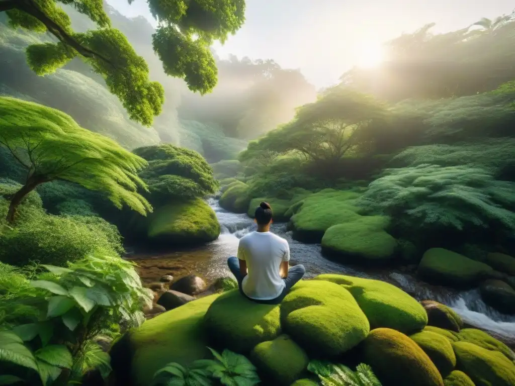 Retiro de meditación en las sierras de Lavalleja, Uruguay: persona meditando en roca cubierta de musgo junto a arroyo y vegetación exuberante