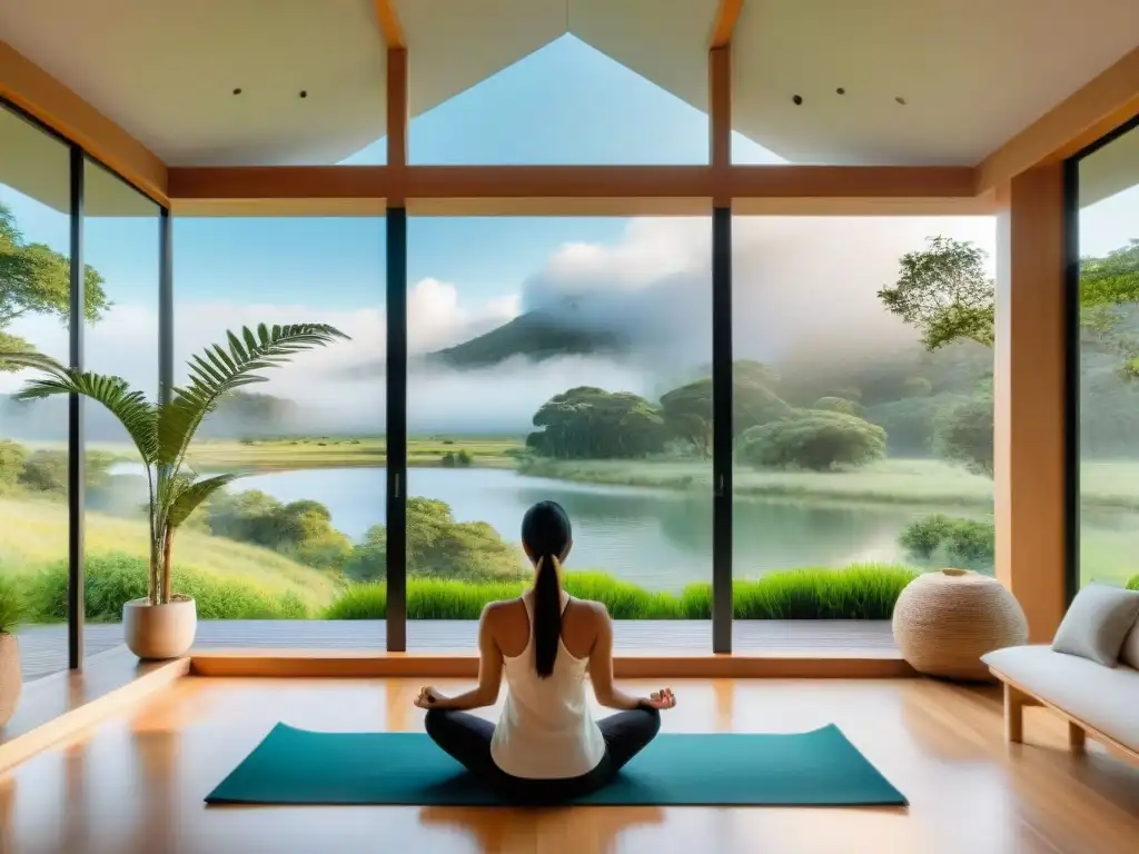 Un retiro de silencio en Uruguay: sala de meditación serena con vista a un paisaje verde y tranquilo