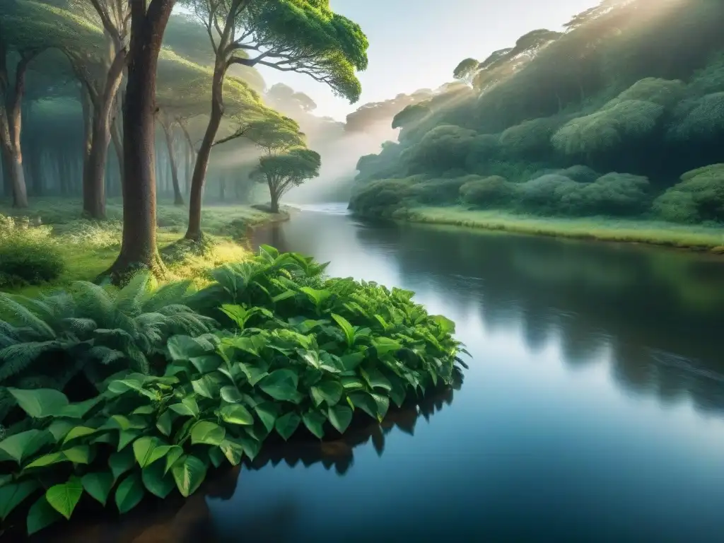 Retiros al aire libre en Uruguay: un bosque sereno con árboles verdes y un arroyo tranquilo bajo la luz mágica del sol