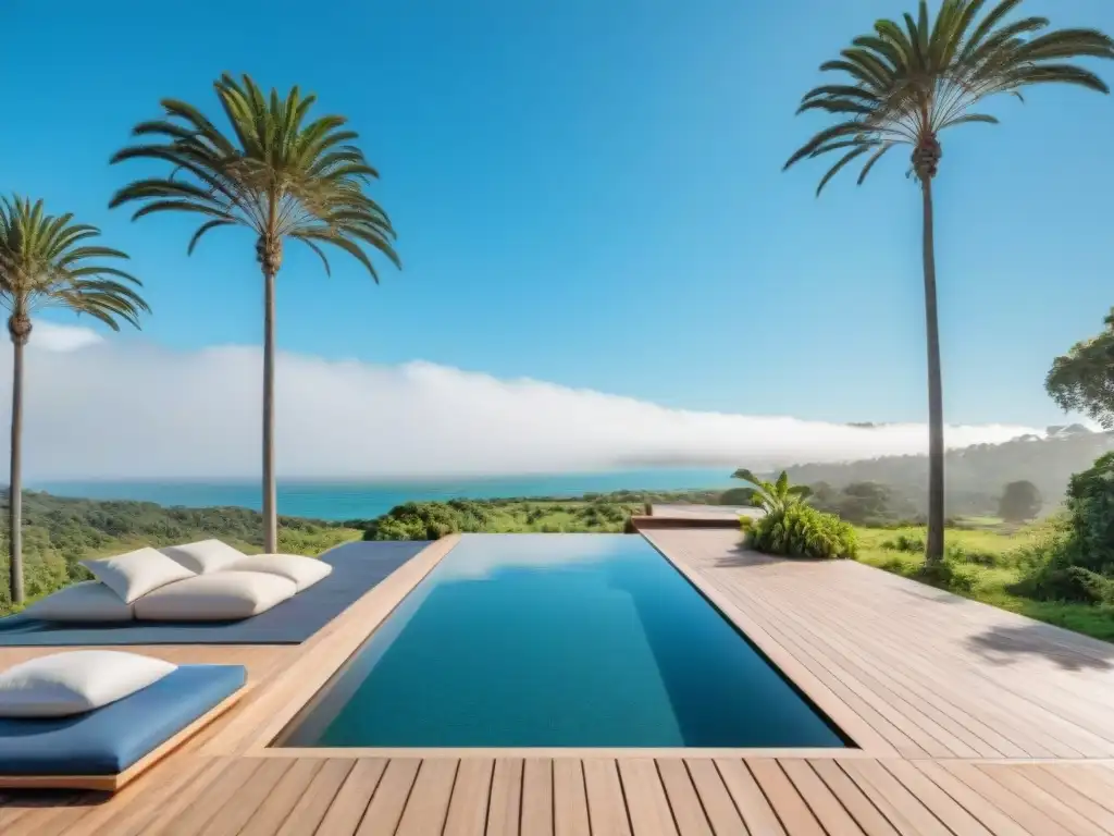 Retiros de bienestar en Uruguay: Infinity pool al aire libre con yoga mats en deck de madera, rodeado de palmeras bajo cielo azul