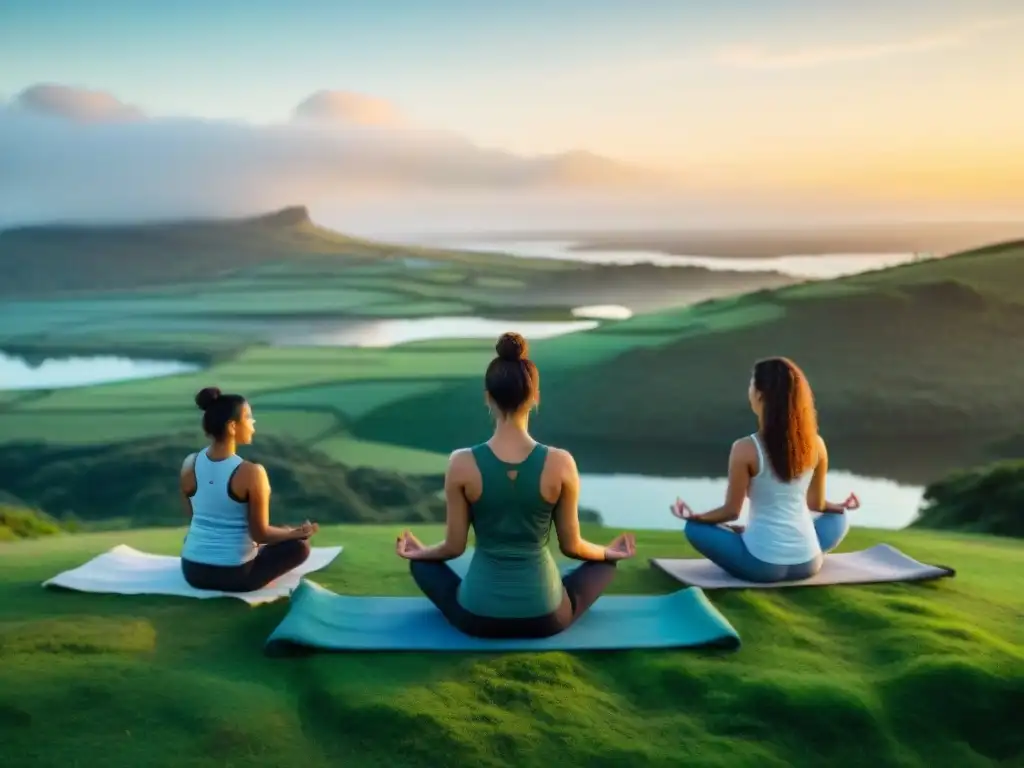 Retiros de bienestar en Uruguay: Grupo diverso practica yoga y meditación al atardecer en colina verde con lago tranquilo