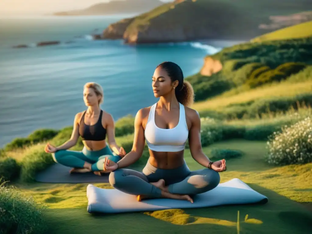 Retiros de bienestar en Uruguay: Grupo diverso practica yoga al atardecer en colina verde con vista al mar