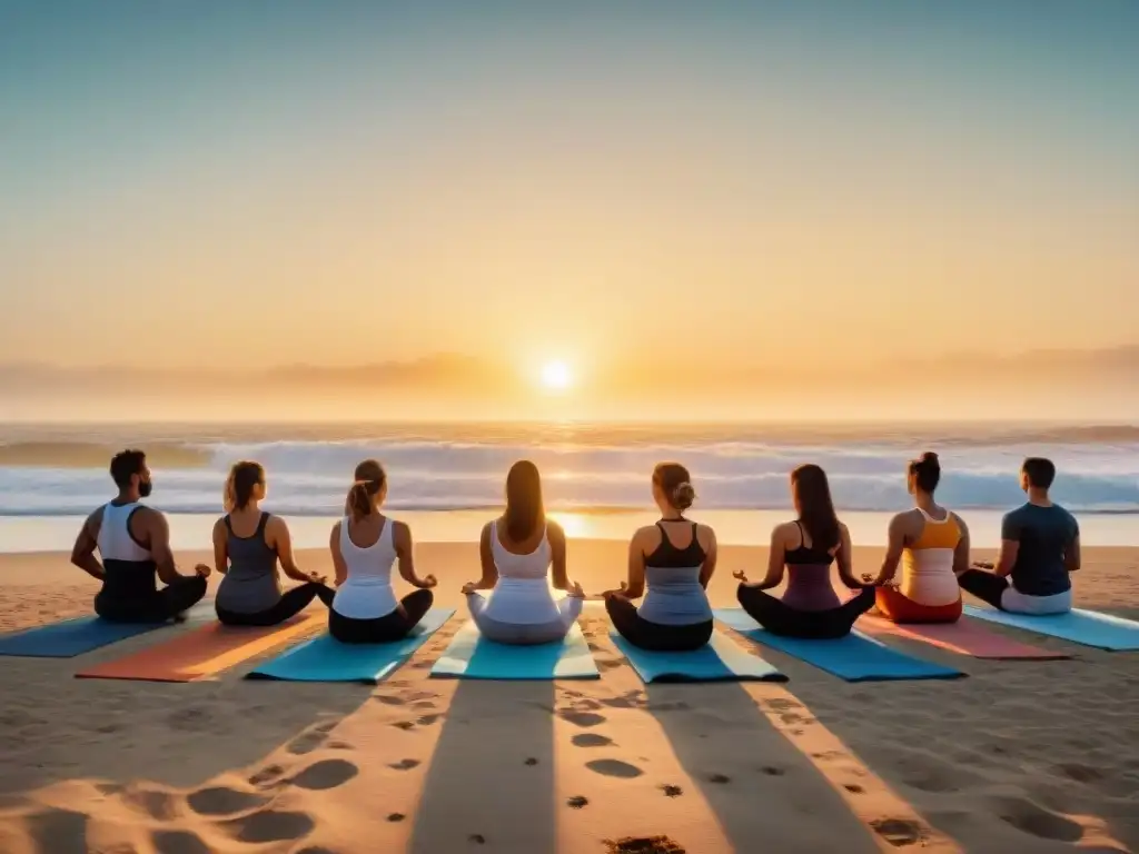 Retiros de bienestar en Uruguay: Grupo diverso practica yoga al amanecer en playa