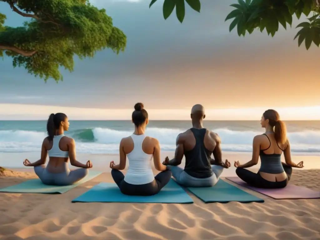 Retiros de bienestar en Uruguay: Grupo diverso practica yoga en una playa tranquila al atardecer, creando una atmósfera serena y rejuvenecedora