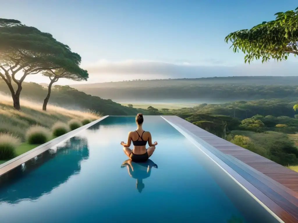 Retiros de bienestar para empresarios en Uruguay: Centro de bienestar moderno en la naturaleza con piscina infinita y sesión de yoga al aire libre