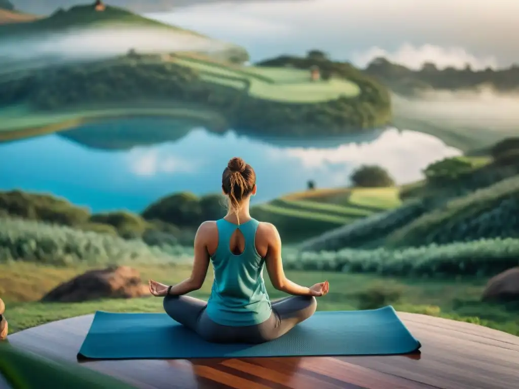 Retiros de bienestar en Uruguay: Grupo practicando yoga en un paisaje sereno con colores vibrantes y detalles intrincados