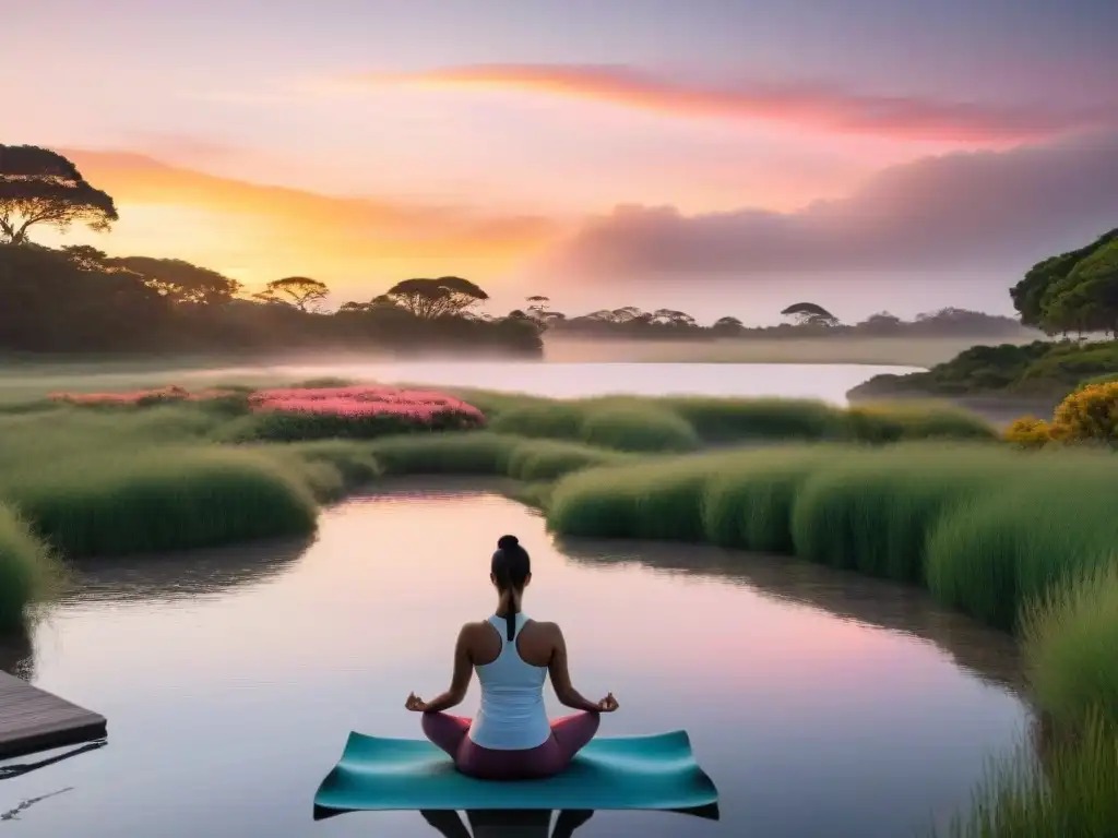 Retiros de bienestar en Uruguay: Paisaje sereno al atardecer con gente practicando yoga y meditación en un spa de lujo integrado en la naturaleza