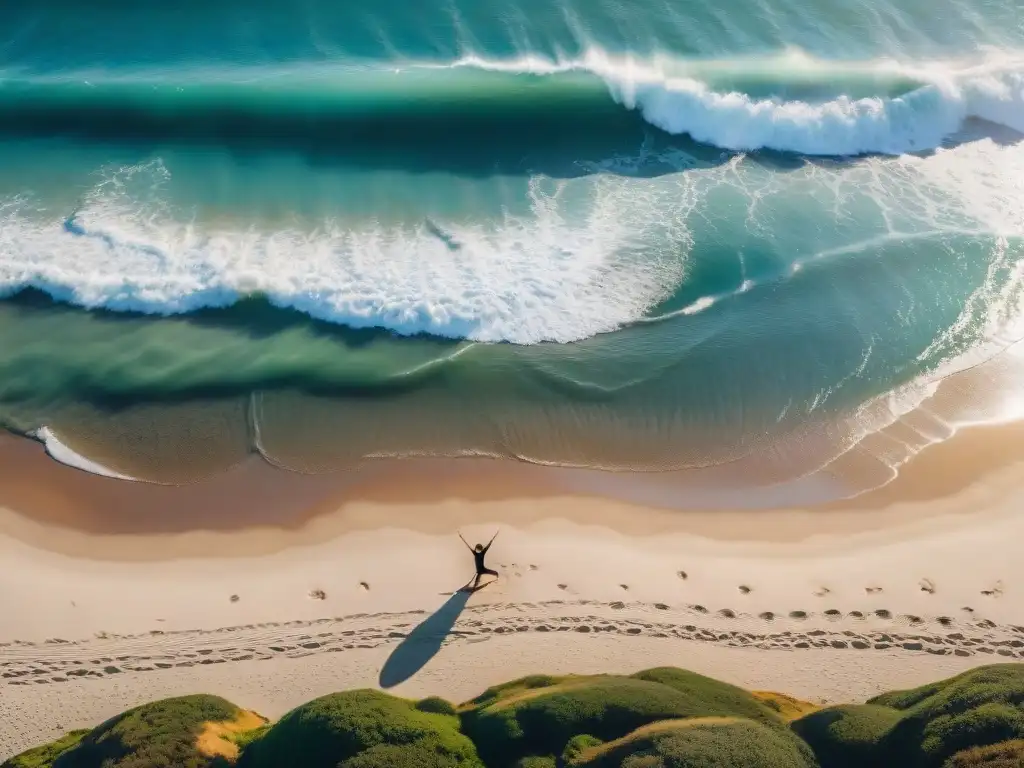 Retiros bienestar surf yoga en Uruguay: amanecer en una playa serena con surfistas y practicantes de yoga