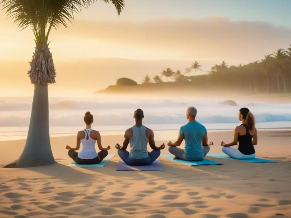 Retiros de bienestar en Uruguay: Practicantes de yoga en la playa al amanecer, reflejando paz y serenidad