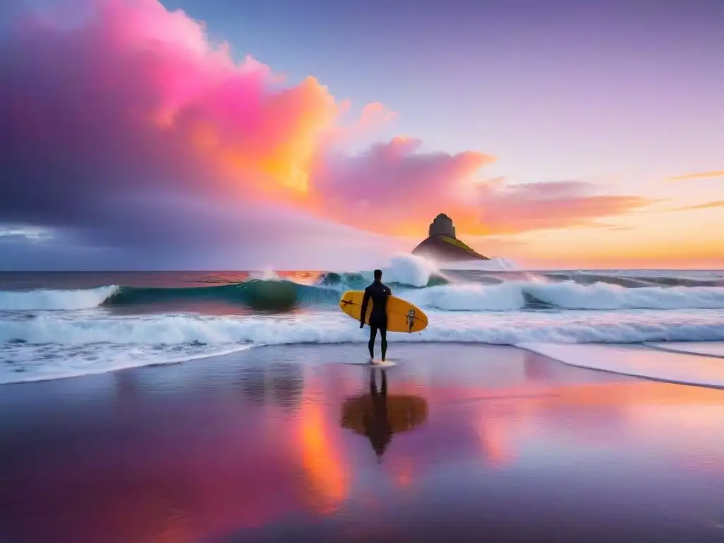 Retiros bienestar surf yoga Uruguay: Amanecer sereno en playa desierta, olas, surfista y cielo vibrante