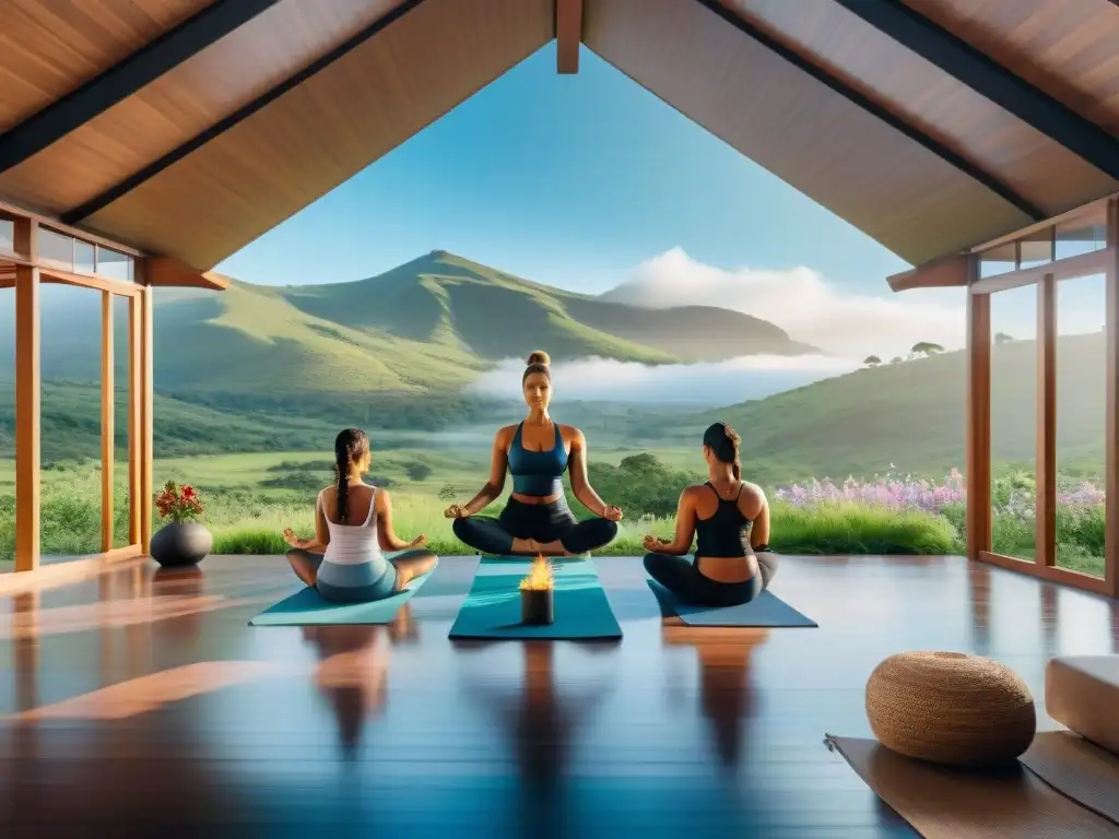 Retiros de bienestar en Sierras Uruguayas: Grupo diverso practica yoga en un refugio rodeado de naturaleza serena