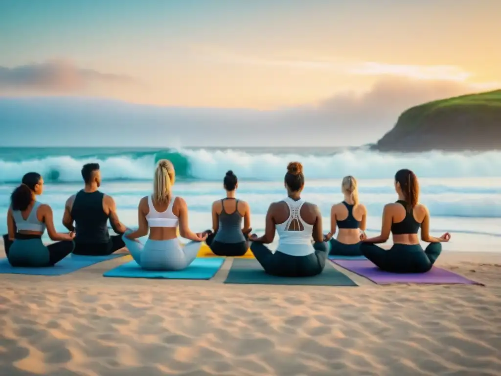 Retiros de bienestar en Uruguay: Sesión de yoga al amanecer en una playa tranquila, conectando con la naturaleza y la paz interior