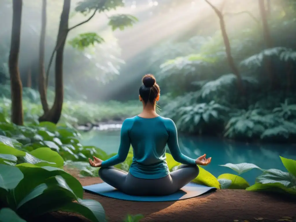 Retiros digitales bienestar integral Uruguay: Personas diversas practican yoga y meditación en un bosque verde y sereno