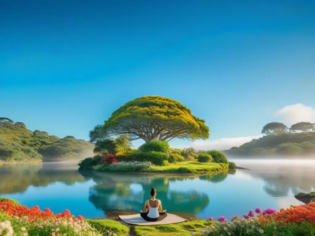 Retiros de meditación en Uruguay: grupo diverso medita bajo árbol centenario junto a lago sereno y flores coloridas