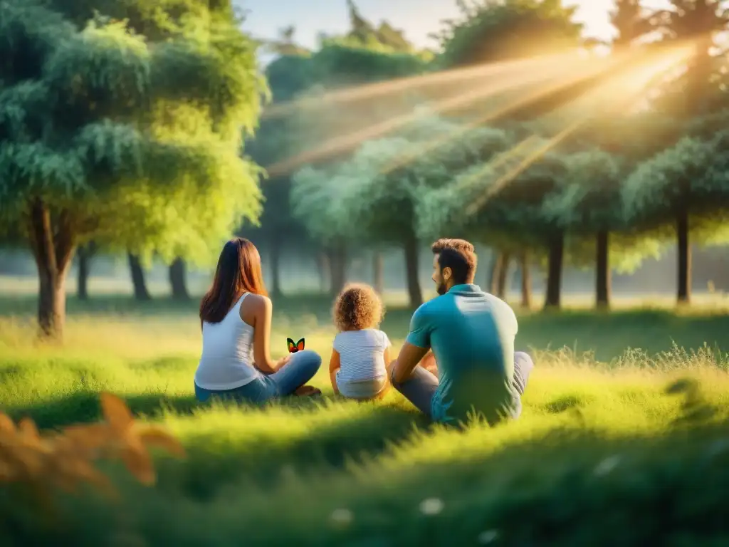 Retiros familiares bienestar Uruguay: Familia sonriente disfruta juntos en el bosque con mariposas coloridas