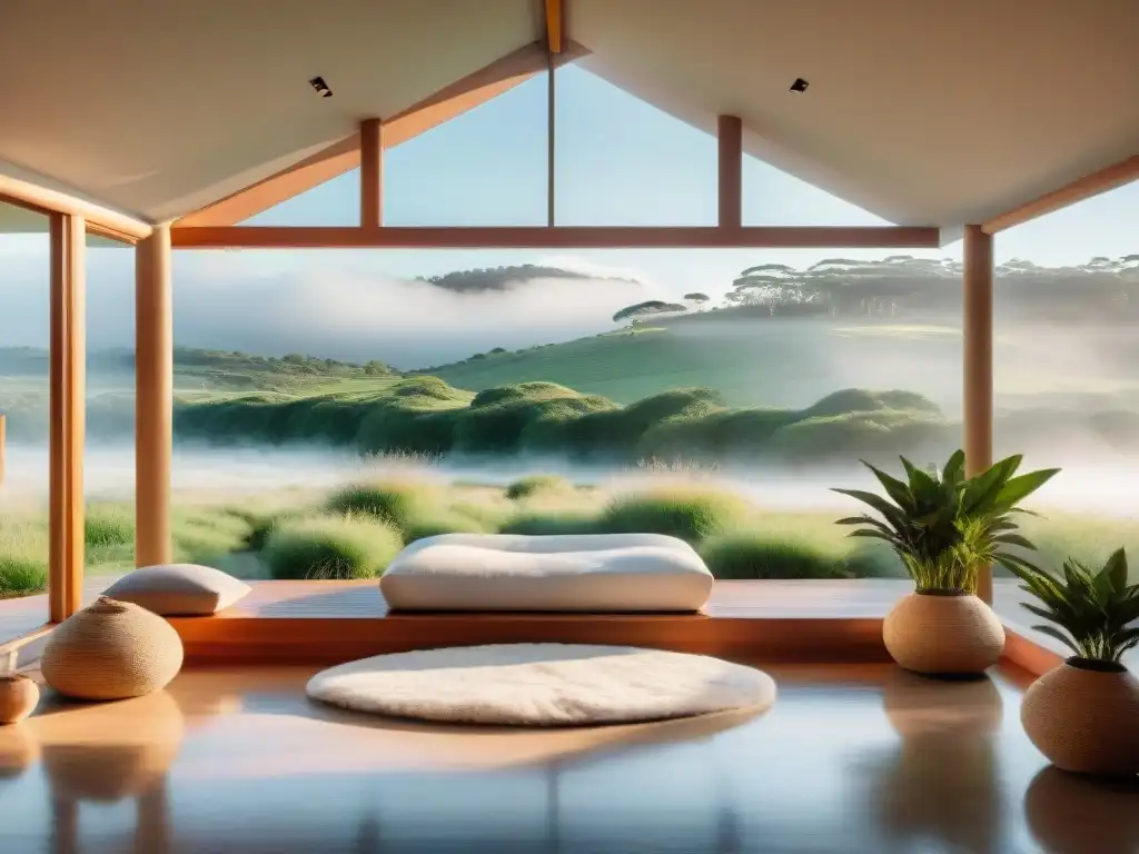 Retiros de meditación en Uruguay: Sala de meditación moderna con vista a paisaje verde y sereno, decoración minimalista y ambiente tranquilo