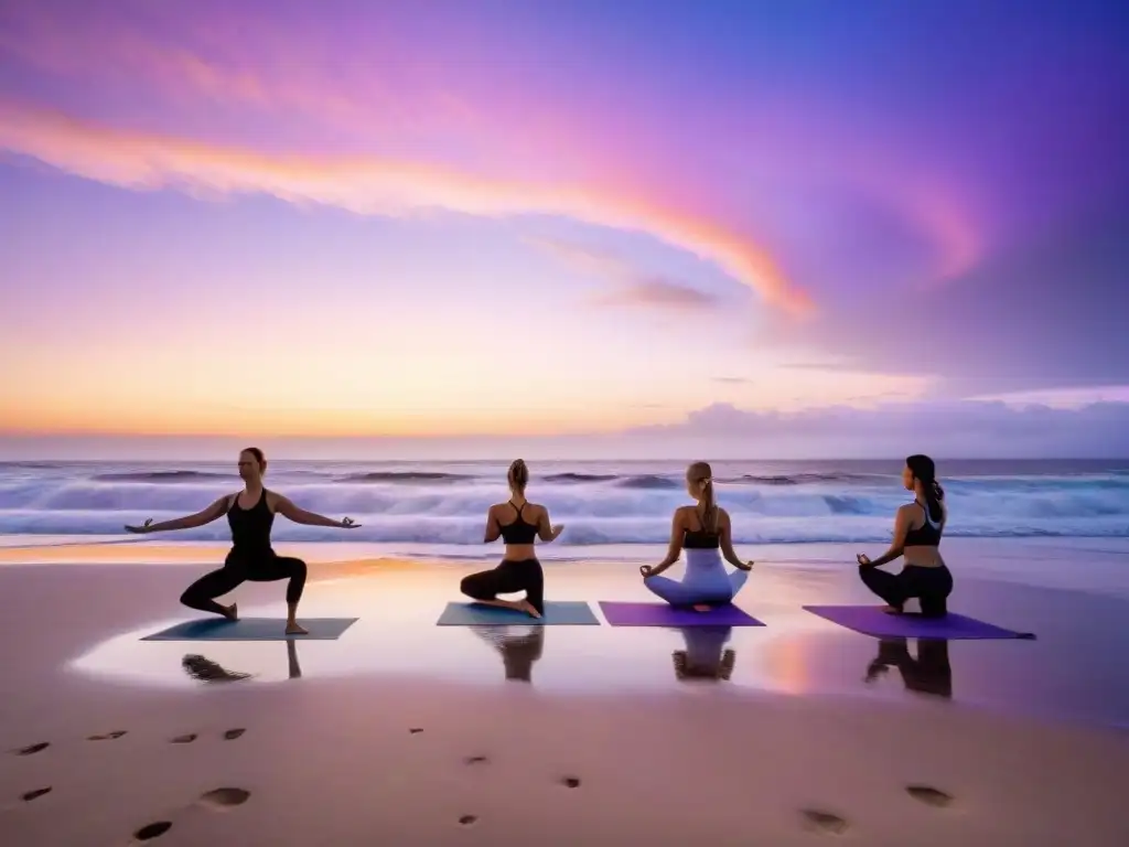 Retiros de yoga en Uruguay: Grupo practica yoga al amanecer en una playa serena con palmeras y olas suaves