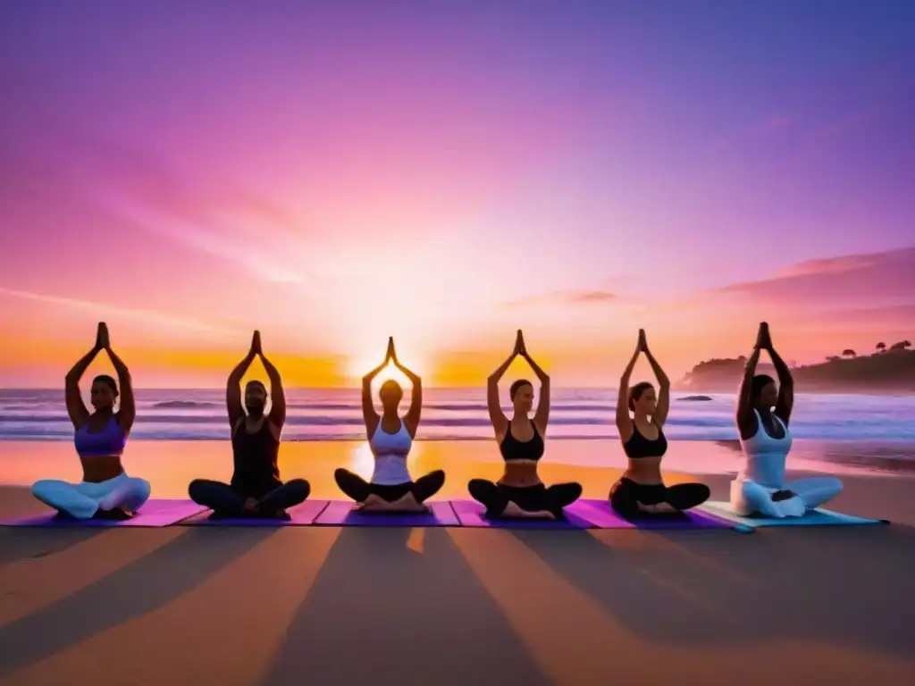 Retiros de yoga en Uruguay: Practicantes en la playa al atardecer, en poses armoniosas bajo un cielo colorido y sereno