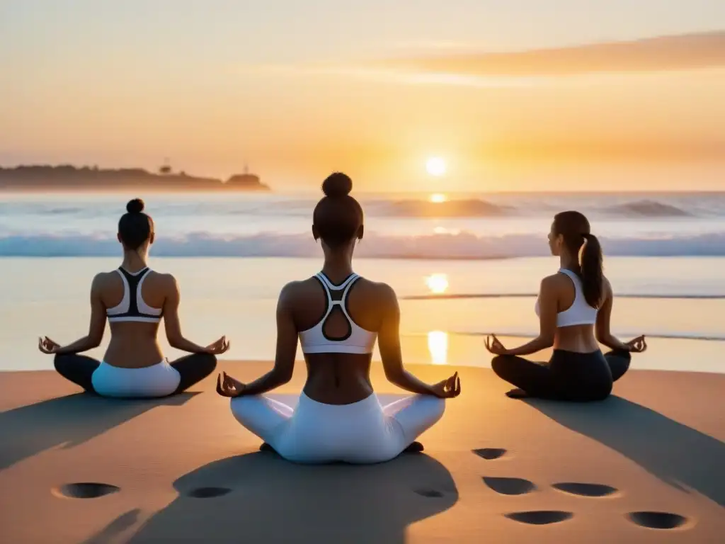 Retiros de yoga en Uruguay: Practicantes de yoga en la playa al amanecer en Punta del Este, transmitiendo paz y serenidad