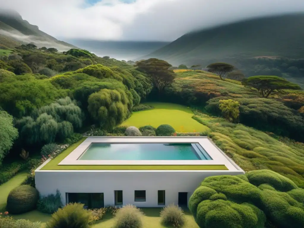 Retiros de meditación en Uruguay: Centro de meditación sereno en colinas verdes con diseño moderno y jardín tranquilo