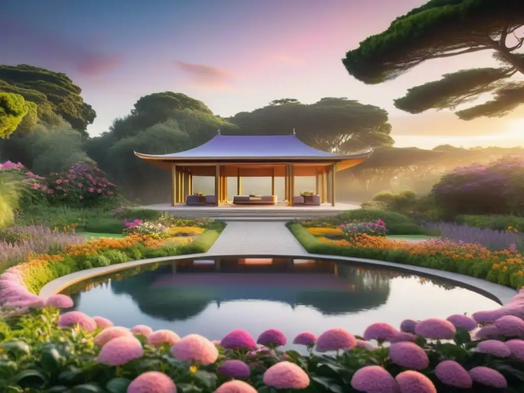 Retiros de meditación en Uruguay: Jardín de meditación sereno con flores coloridas al atardecer