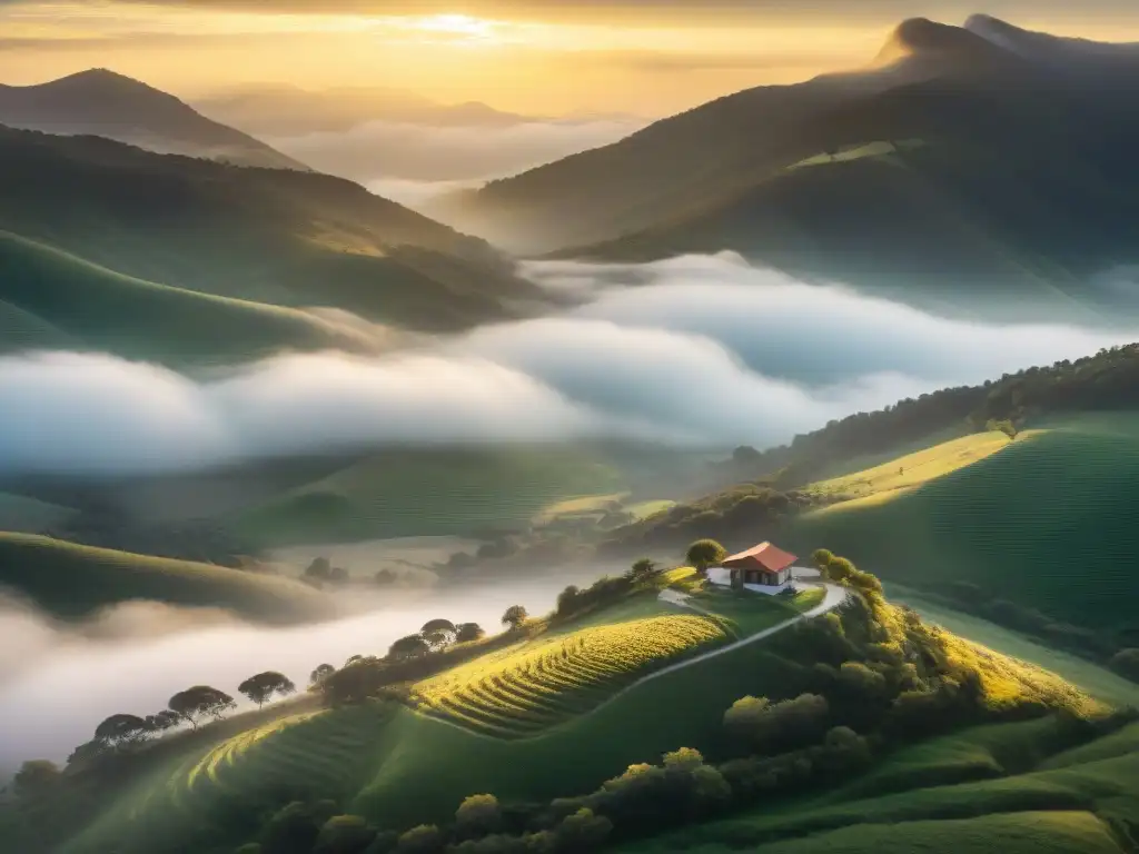 Retiros de meditación en las sierras de Lavalleja, Uruguay: vista aérea de montañas verdes y bruma al atardecer