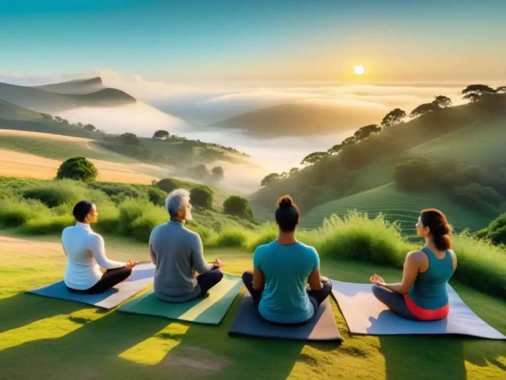 Retiros de meditación en sierras de Lavalleja, Uruguay: grupo diverso medita al amanecer entre la naturaleza