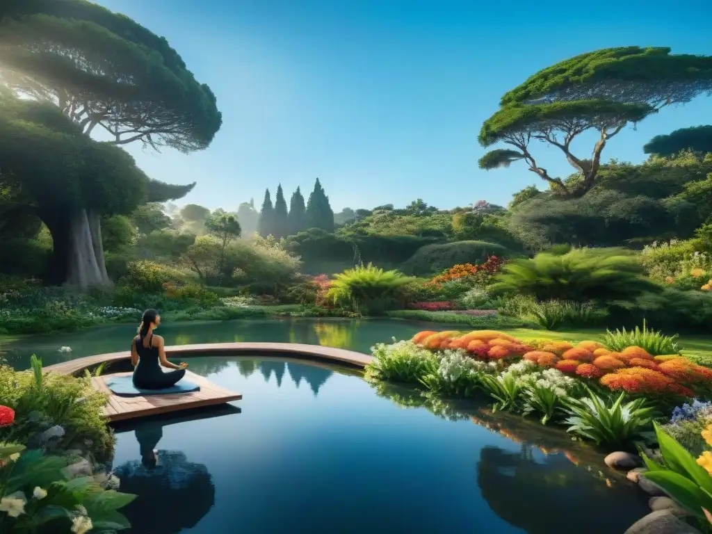 Retiros de meditación en Uruguay: Jardín de meditación verde y sereno con estanque, flores vibrantes y árboles altos