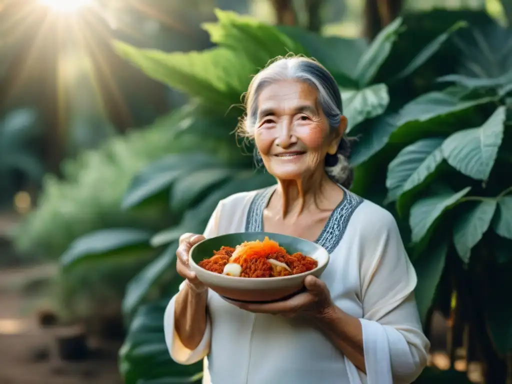 Retrato de una mujer uruguaya mayor sonriente, sosteniendo alimentos fermentados, rodeada de naturaleza