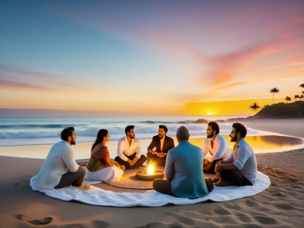 Reunión de bienestar integral en Uruguay: ceremonia de mate en la playa al atardecer, diversidad y armonía comunitaria