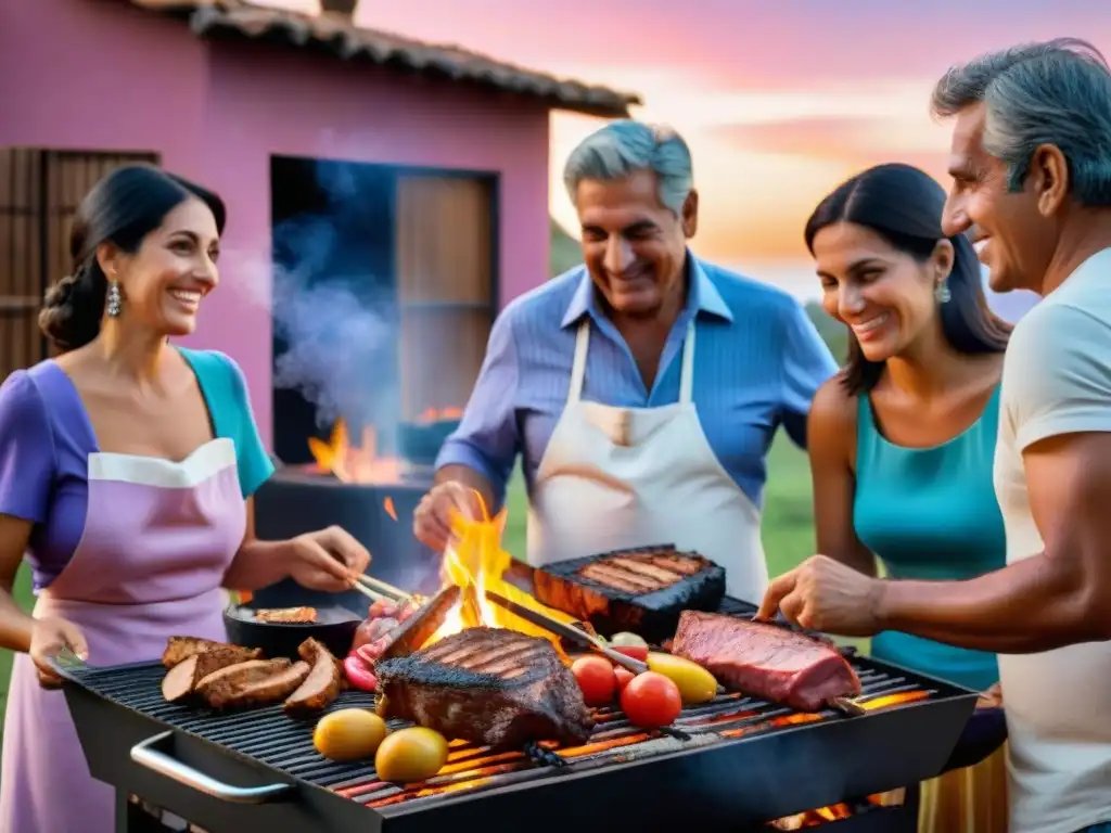 Reunión familiar alrededor de una parrilla tradicional uruguaya bajo un vibrante atardecer