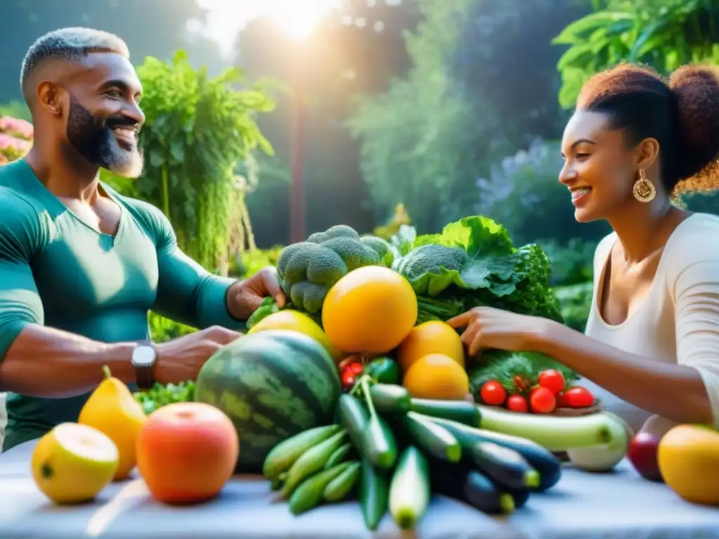 Reunión en jardín con variedad de alimentos frescos y personas diversas